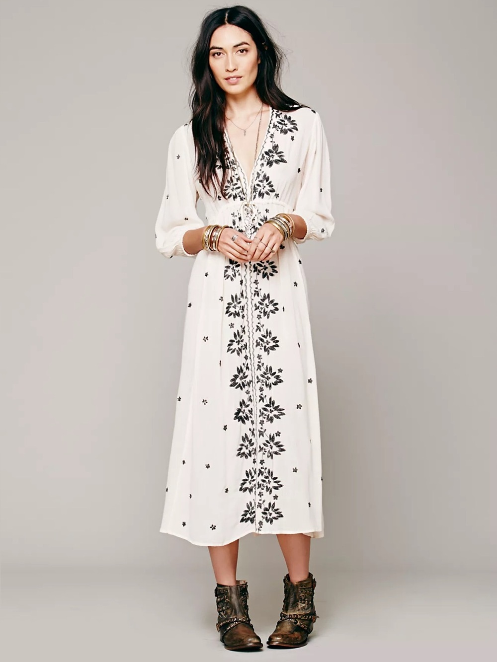 Free People Cream Midi Dress with Black Floral Embroidery